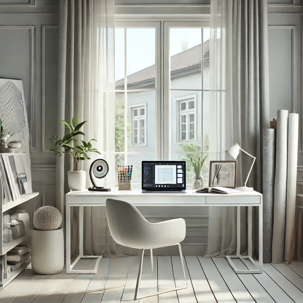 A modern, minimalist study space with a sleek desk, laptop, and natural light, perfect for learning interior design online.