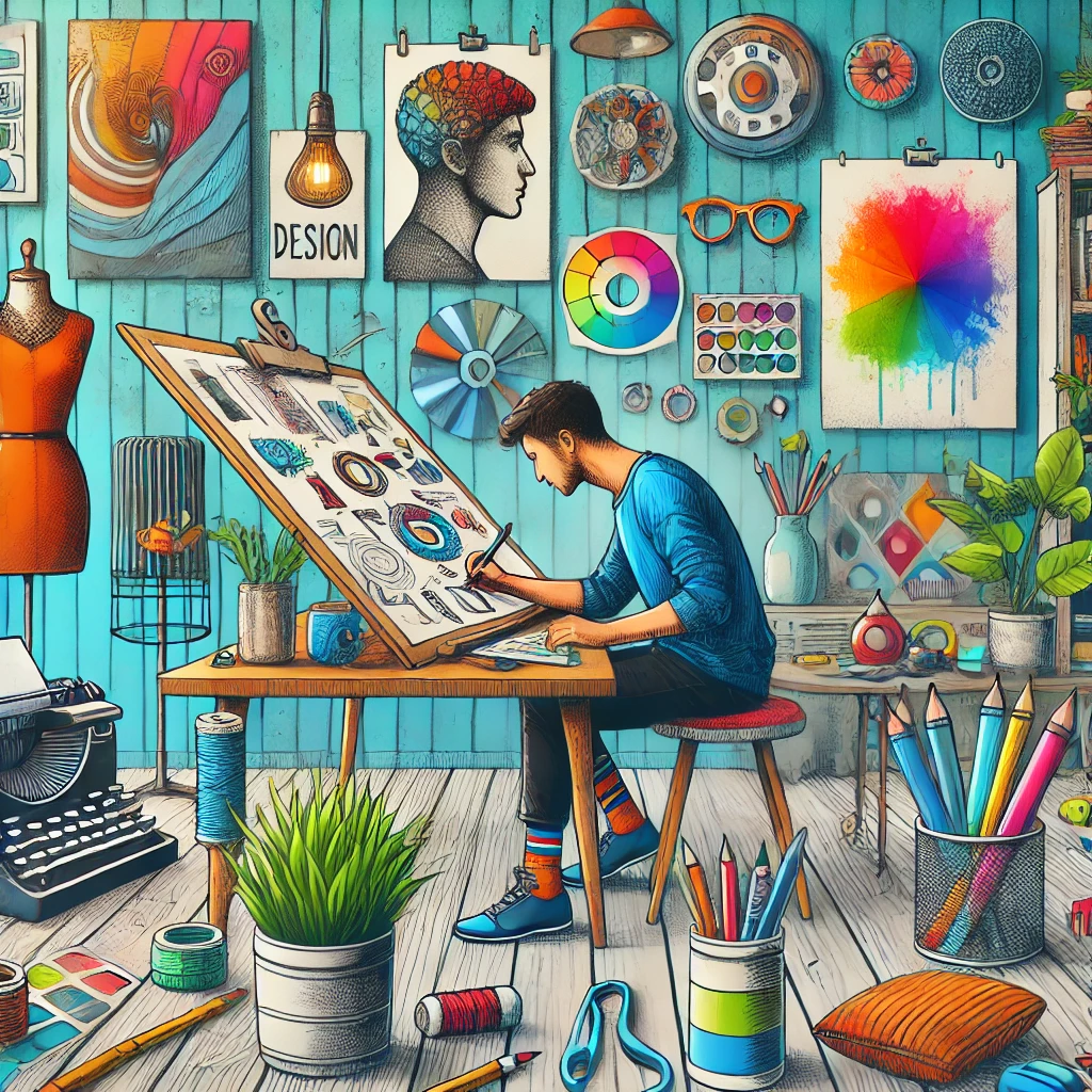 A vibrant, eclectic room where someone is sketching, filled with bright colors, personalized art, and creative decor that reflects their individuality