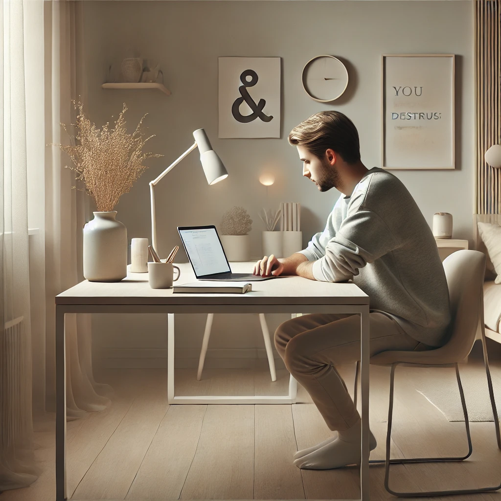 A minimalistic workspace with a clean desk, soft lighting, and neutral tones, designed to maintain focus and avoid distractions.