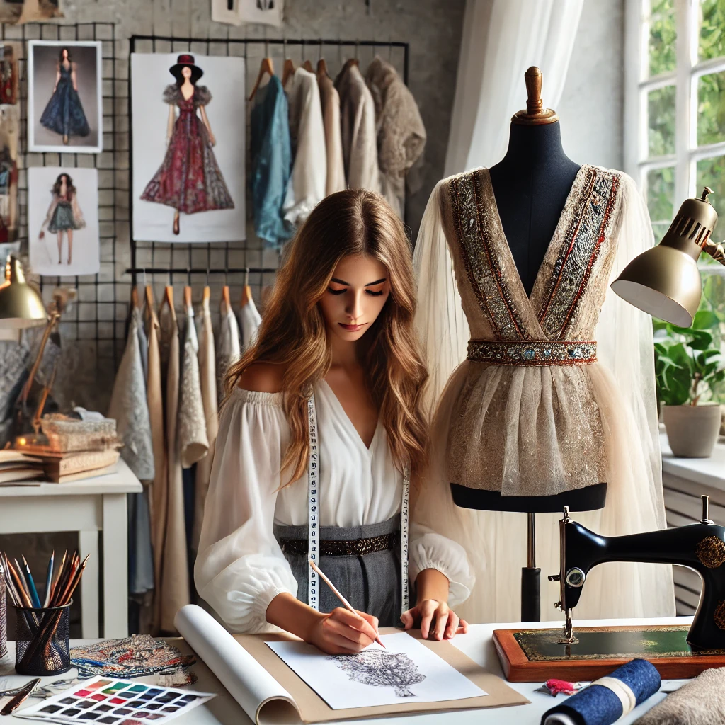 A fashion designer in a stylish studio, working on sketches beside a mannequin dressed in an elegant outfit, surrounded by fabrics and design inspirations.