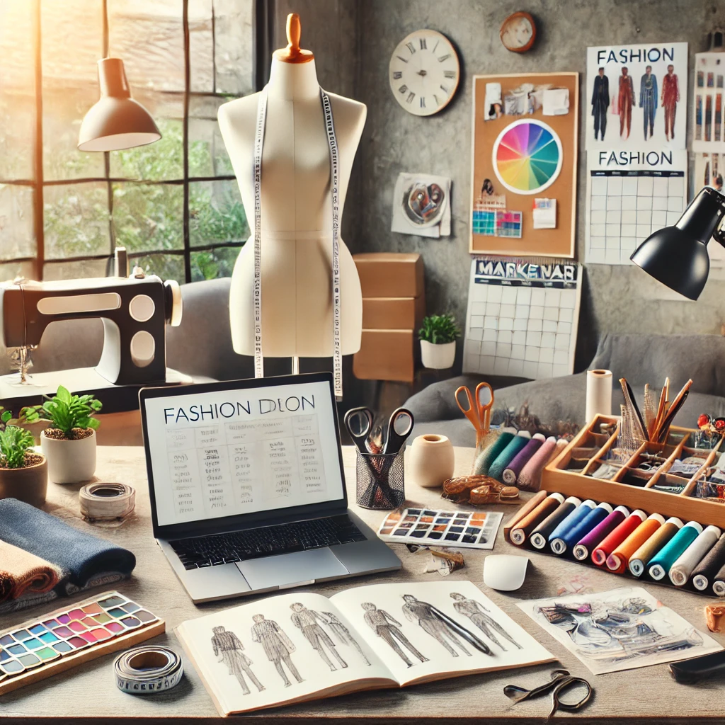 A fashion studio desk filled with tools, fabric swatches, sketches, and a laptop displaying a business plan, reflecting a creative and organized workspace.