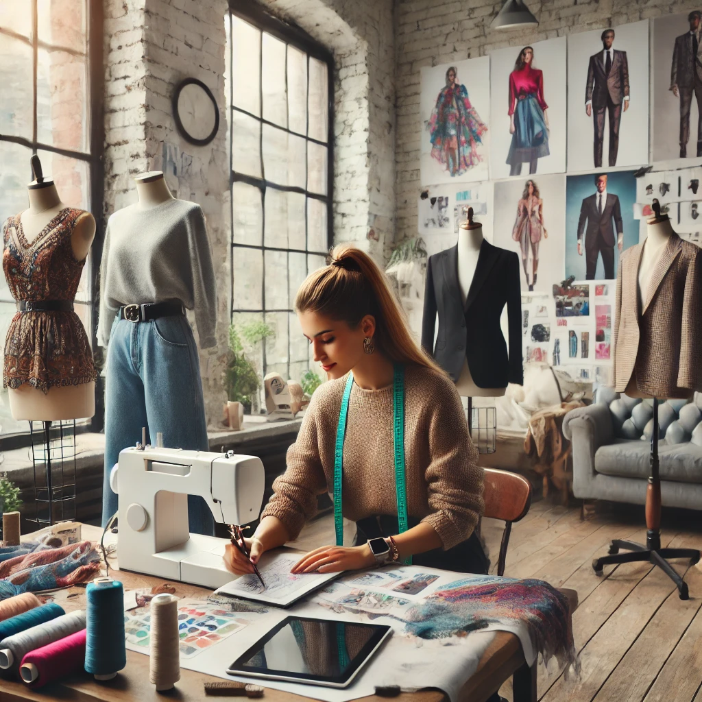 A modern fashion designer working in a chic studio filled with mood boards, sketches, fabrics, and mannequins, creating vibrant fashion designs.
