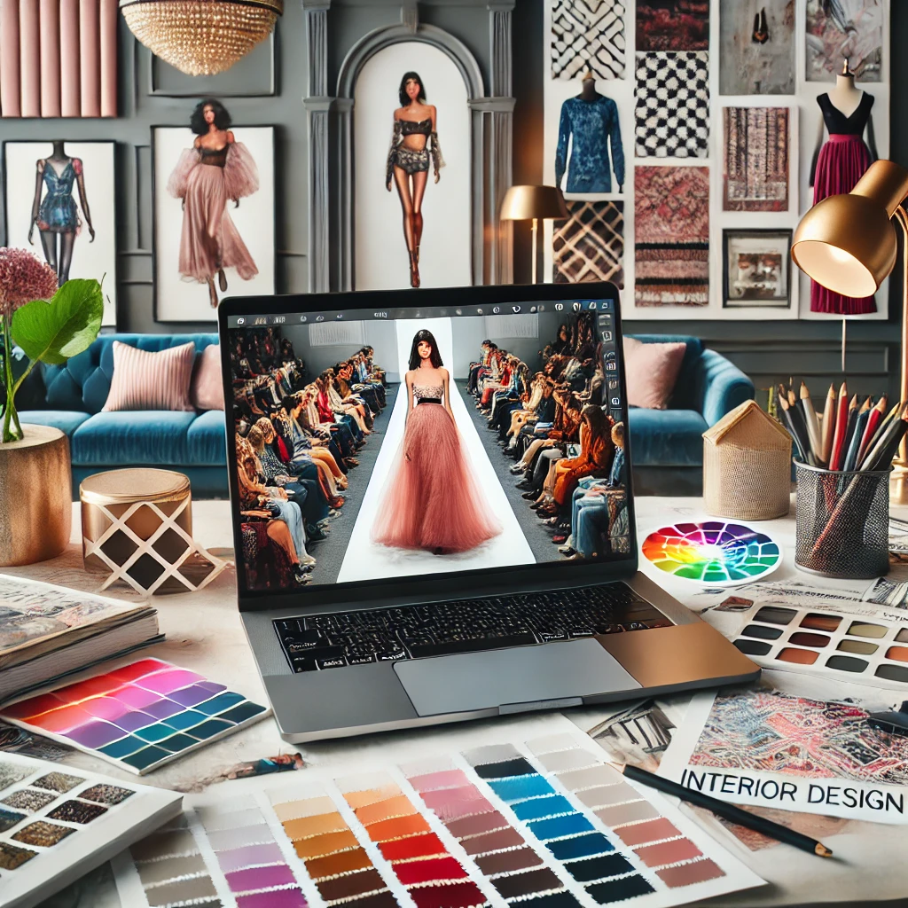 A stylish and modern interior design workspace inspired by a fashion show event, featuring color palettes, fabric swatches, and design sketches on a desk.