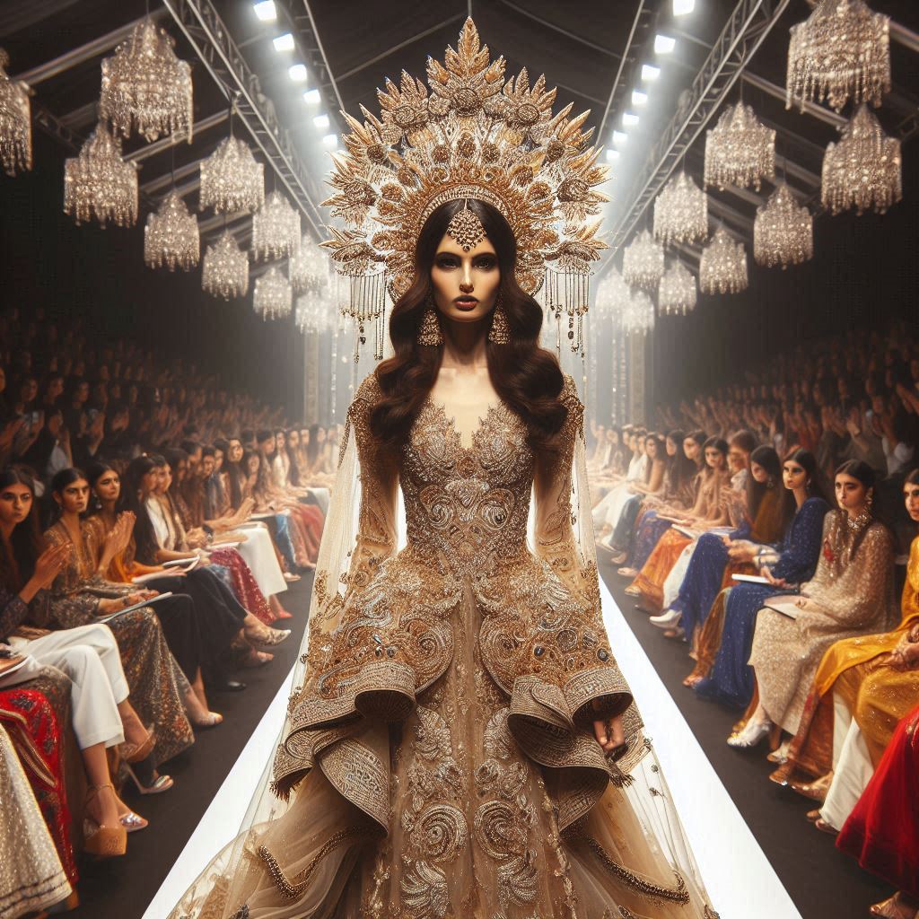 A luxurious runway fashion show with a model in an elaborate, ornate gown and headpiece, surrounded by a captivated audience.