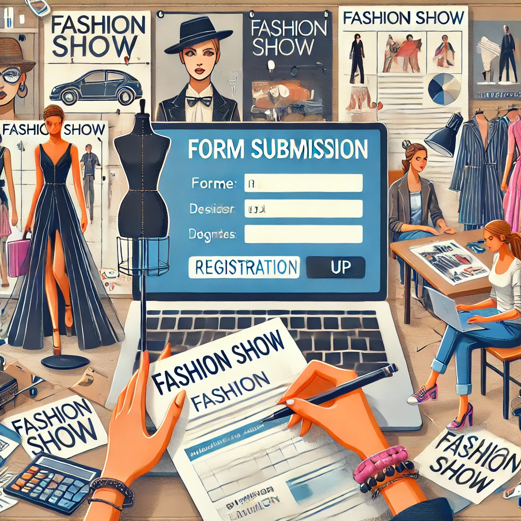 the three steps of fashion design-related activities: submitting a form, registering for a fashion show, and searching for fashion show information.