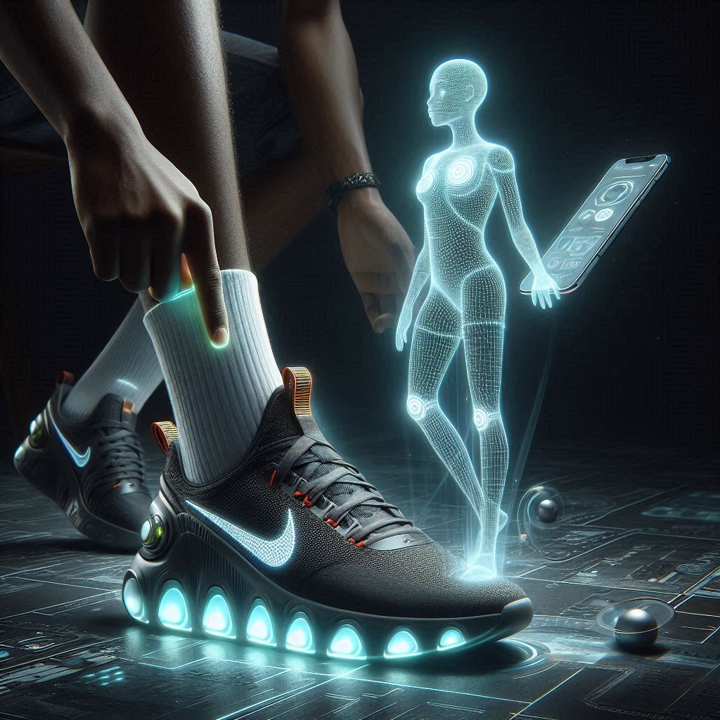 a futuristic sneaker embedded with AI technology, interacting with a holographic assistant for personalized shoe customization.