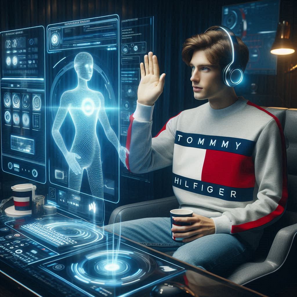 a man engaging with a holographic fashion assistant while wearing a Tommy Hilfiger sweatshirt, demonstrating how AI enhances personalized shopping experiences in real-time.