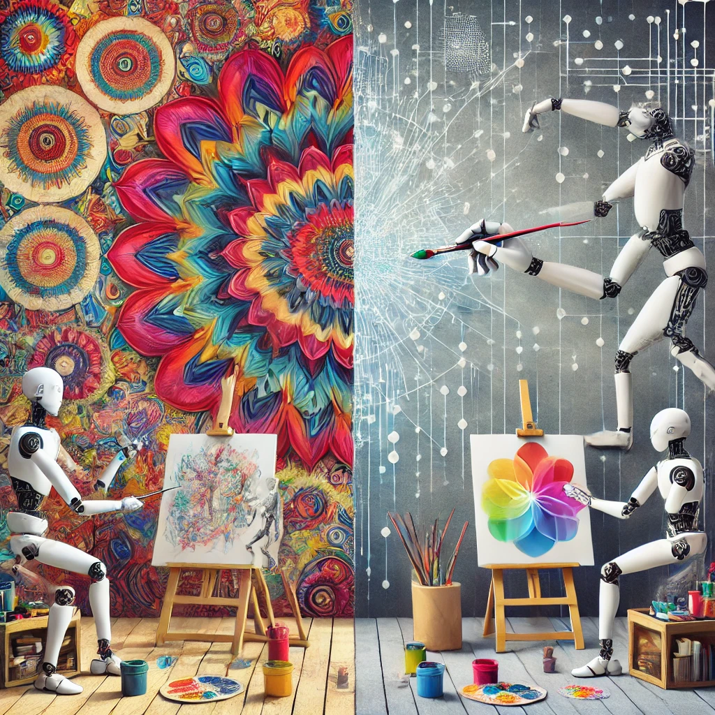 art scene illustrating how AI impacts art and design, contrasting the precision of AI with the emotional depth of human creativity