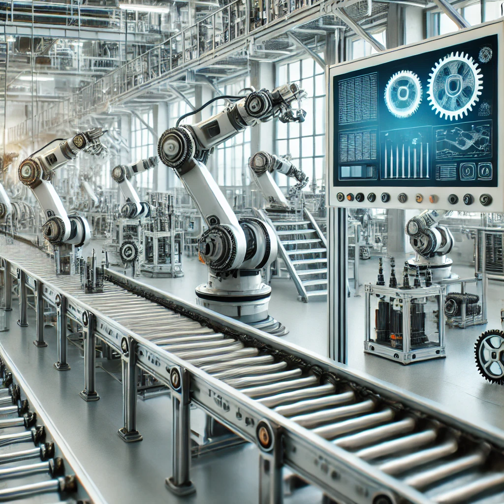 image of an automated manufacturing facility with robotic arms assembling products on a conveyor belt, showcasing advanced technology and minimal human presence.
