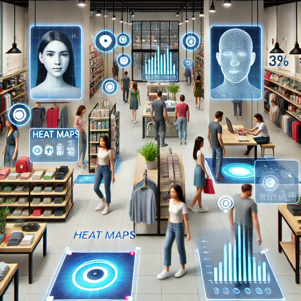 image of a retail store environment analyzing in-store customer behavior and engagement, featuring digital data visualizations, heat maps, and sensors tracking customer movements.