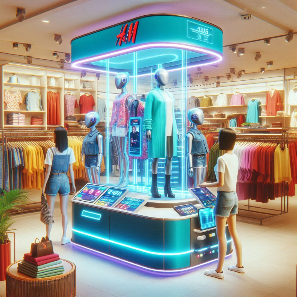an AI-powered retail experience at an H&M store, where robotic mannequins and touch-screen interfaces assist customers with virtual clothing trials.