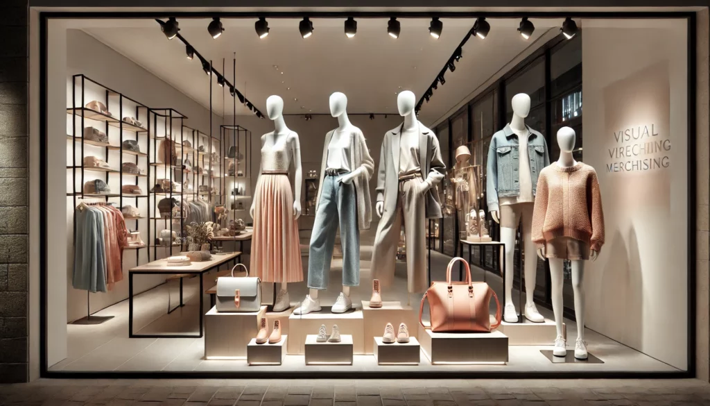 This visual merchandising display features mannequins dressed in stylish fall/winter womenswear